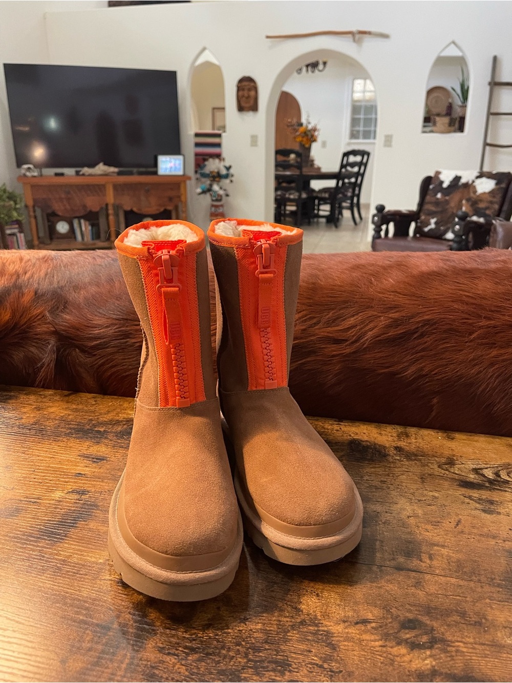 UGG Women's Tan Suede Boots with Bright Orange Zip Panel - Picture 11 of 11